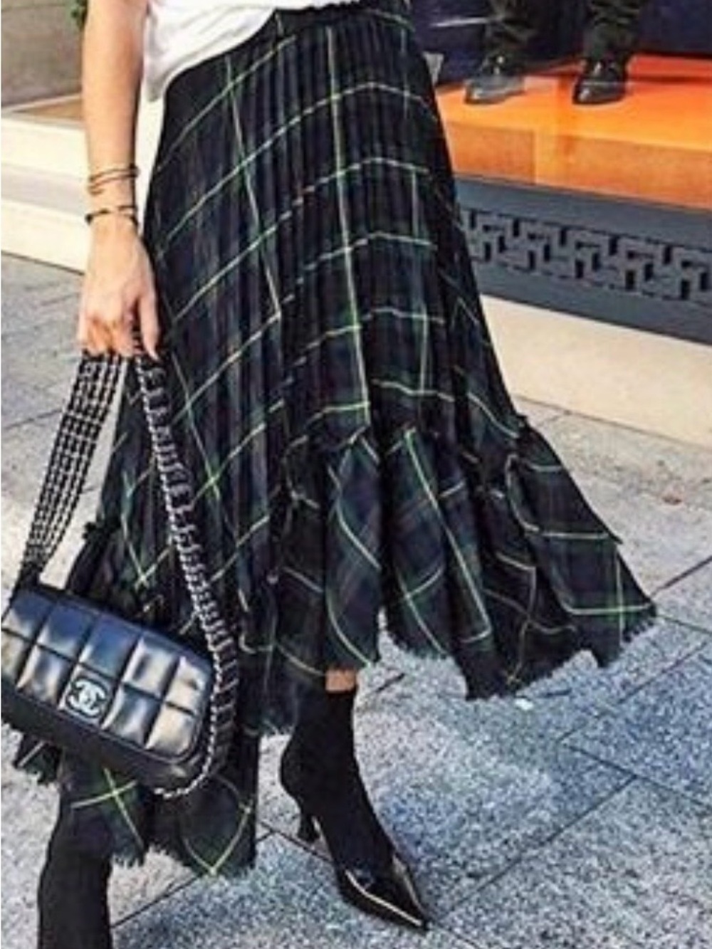 ZARA Tartan Check Flare Pleated Skirt, Irregular Hem, Asymmetrical, Fringe M